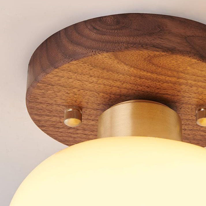 Vintage Walnut Brass Round Semi-Flush Mount Ceiling Light