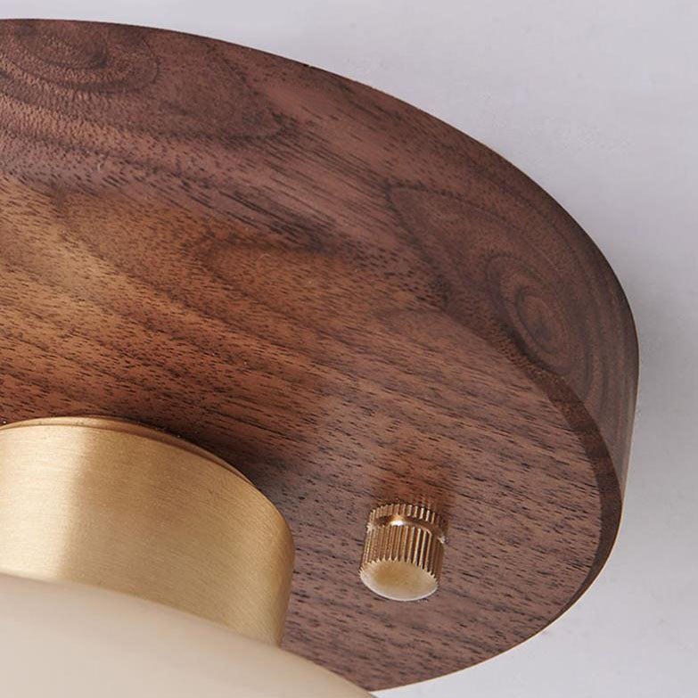 Vintage Walnut Brass Round Semi-Flush Mount Ceiling Light