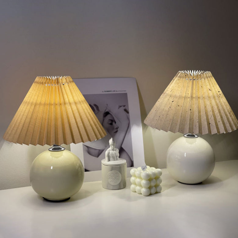 Minimalist Round Fabric Pleated Ceramic Table Lamp - 1-Light for Bedroom