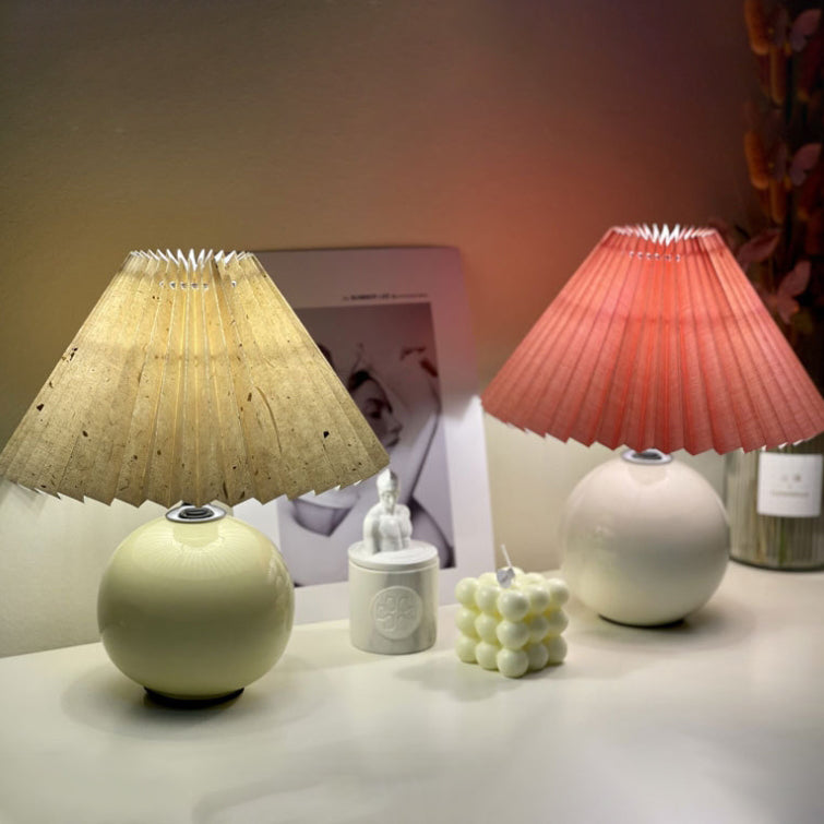 Minimalist Round Fabric Pleated Ceramic Table Lamp - 1-Light for Bedroom