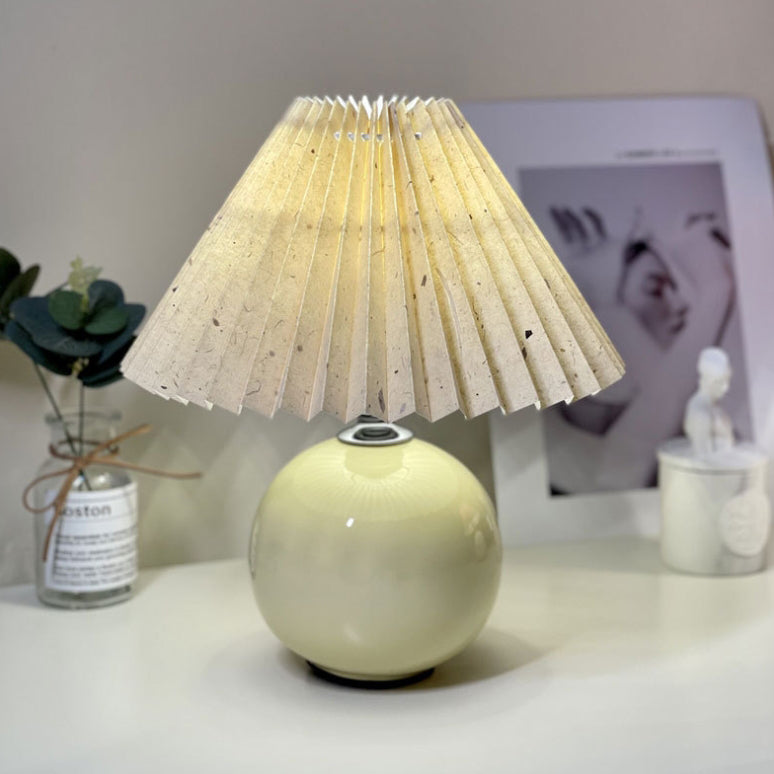 Minimalist Round Fabric Pleated Ceramic Table Lamp - 1-Light for Bedroom