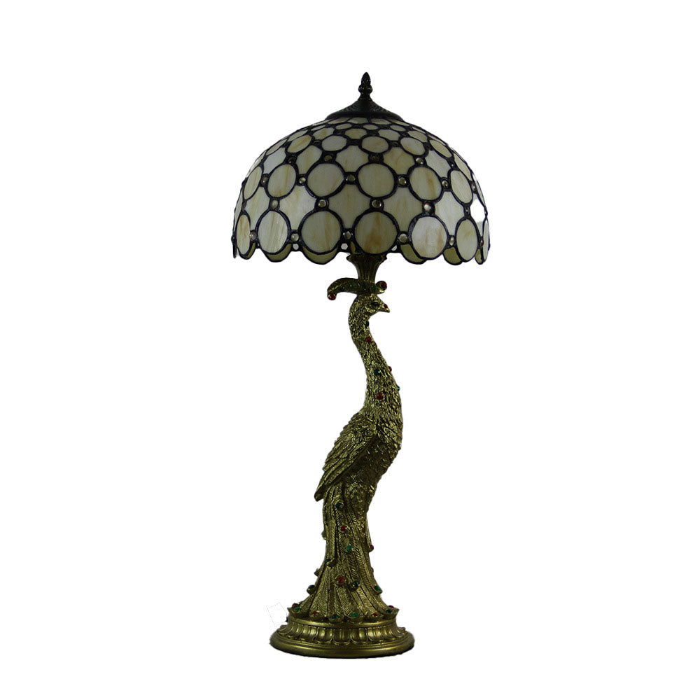 Vintage Tiffany Peacock Glass Dome Table Lamp - 1-Light