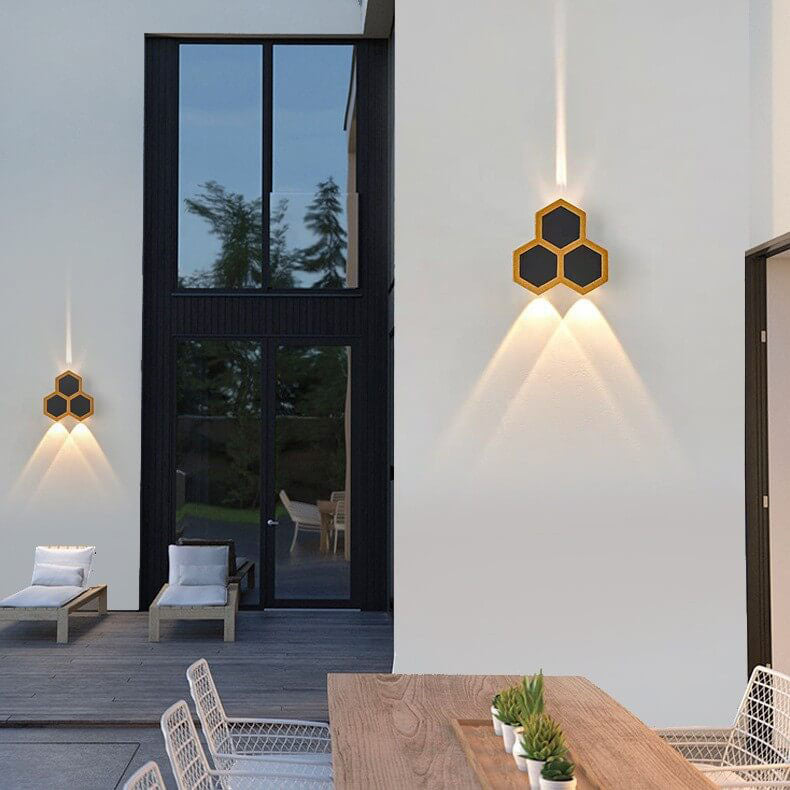 Premium Hexagonal Black and Gold LED Outdoor Wall Sconce