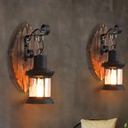 Farmhouse Wood Disc Wall Sconce with Iron Shade