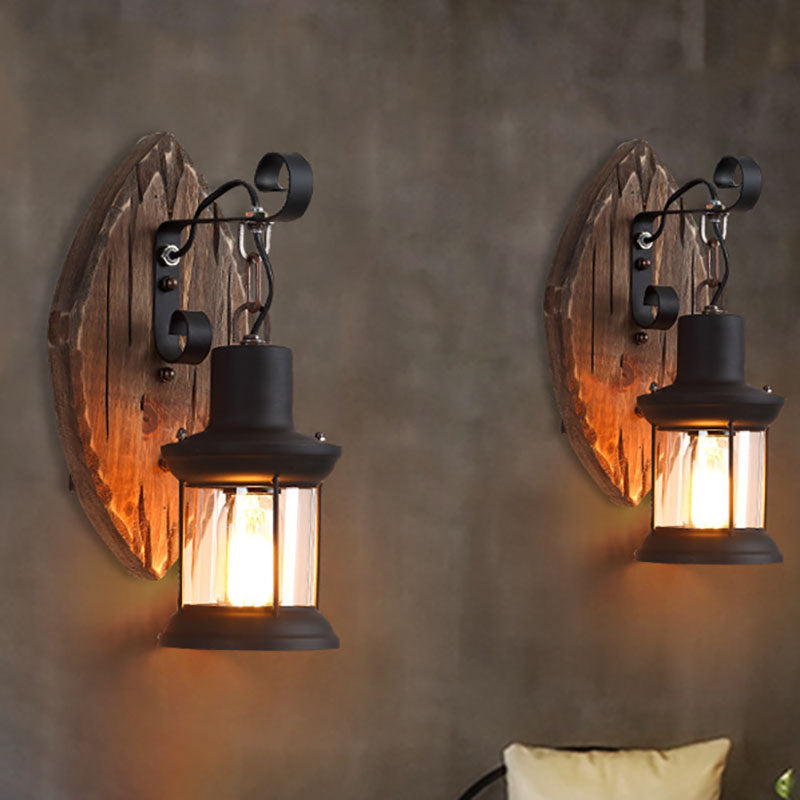 Farmhouse Wood Disc Wall Sconce with Iron Shade