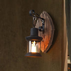 Farmhouse Wood Disc Wall Sconce with Iron Shade