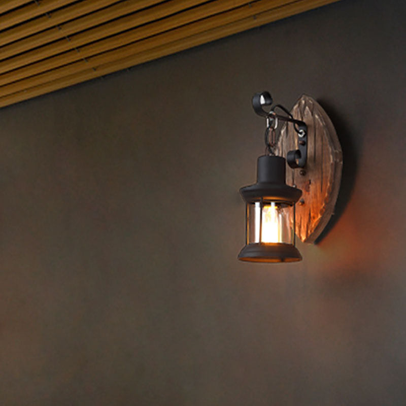 Farmhouse Wood Disc Wall Sconce with Iron Shade