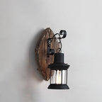 Farmhouse Wood Disc Wall Sconce with Iron Shade