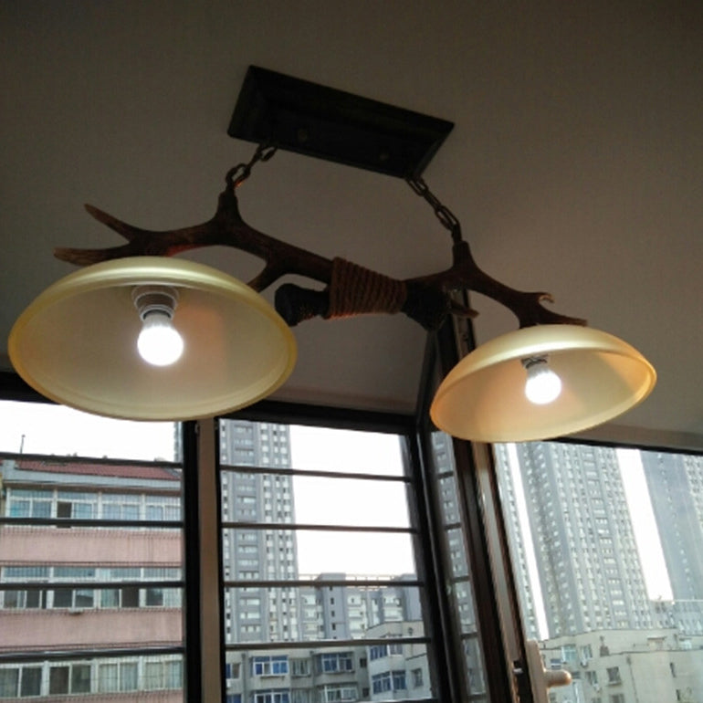 Vintage Antler Glass Bowl Chandelier