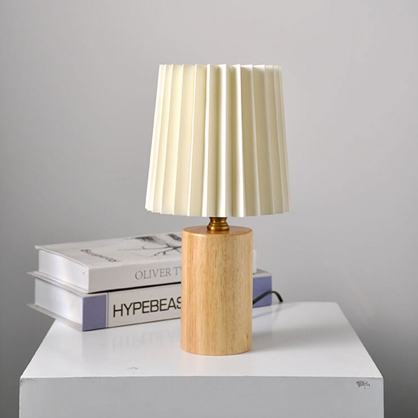 Vintage Korean Solid Wood Base Pleated Column Table Lamp - 1 Light