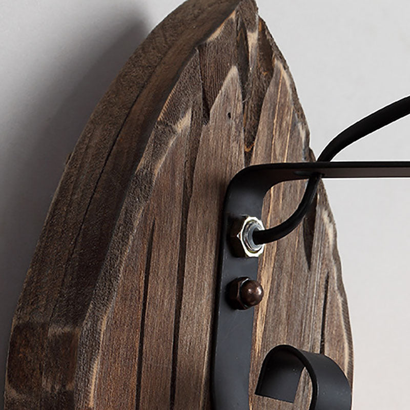 Farmhouse Wood Disc Wall Sconce with Iron Shade