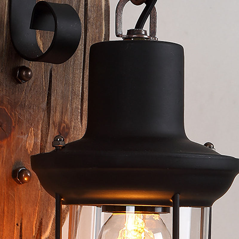 Farmhouse Wood Disc Wall Sconce with Iron Shade
