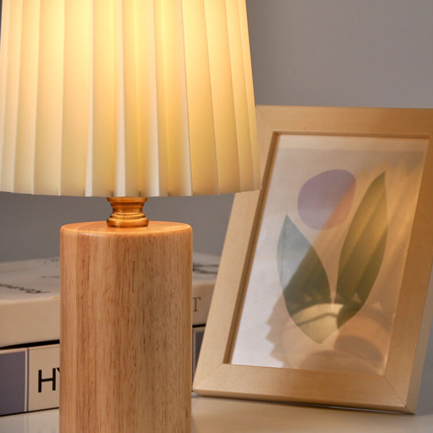 Vintage Korean Solid Wood Base Pleated Column Table Lamp - 1 Light
