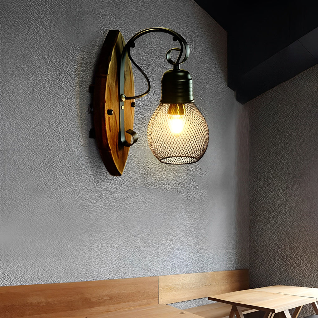 Industrial Style Black Iron and Wood Wall Lamp with E27 Socket