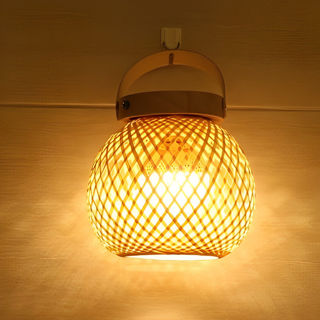 Premium Woven Bamboo Lantern Table Lamp with Handle