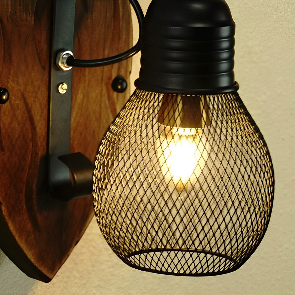 Industrial Style Black Iron and Wood Wall Lamp with E27 Socket