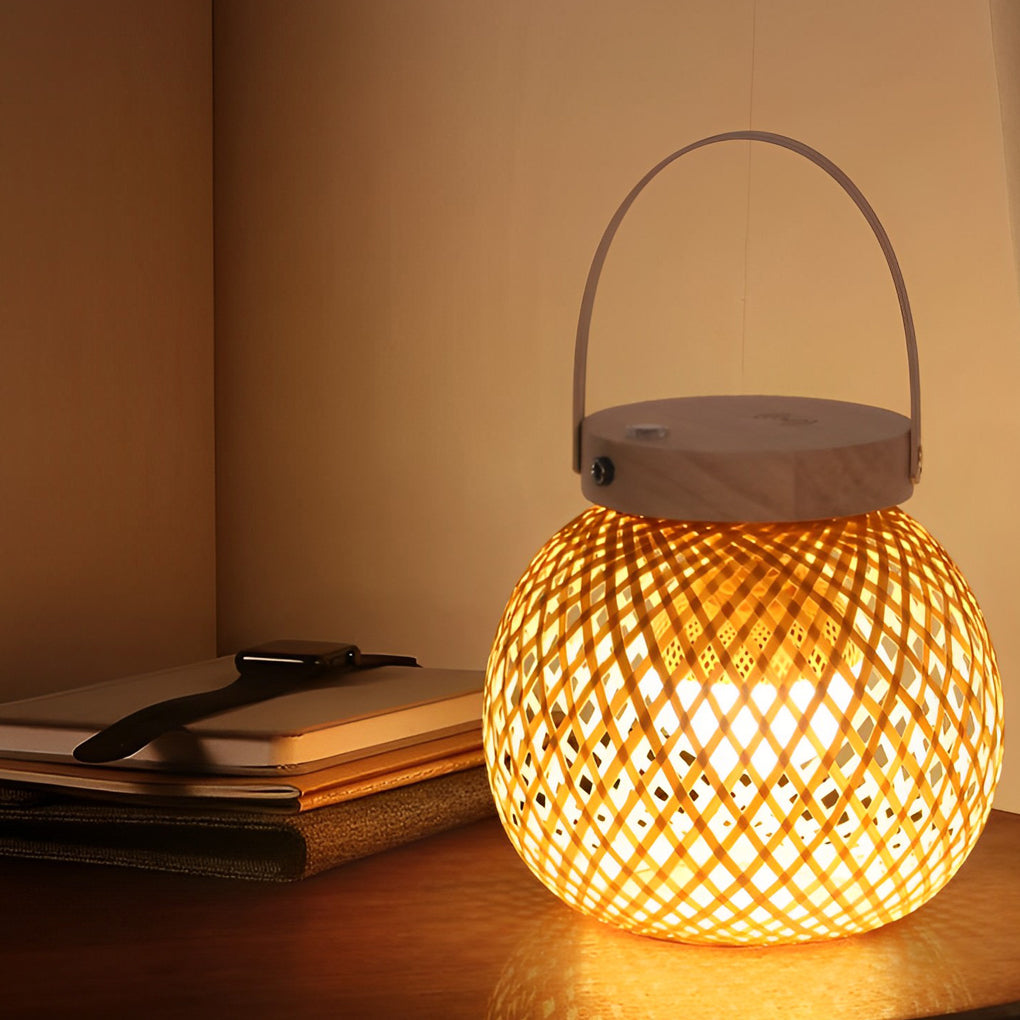 Premium Woven Bamboo Lantern Table Lamp with Handle