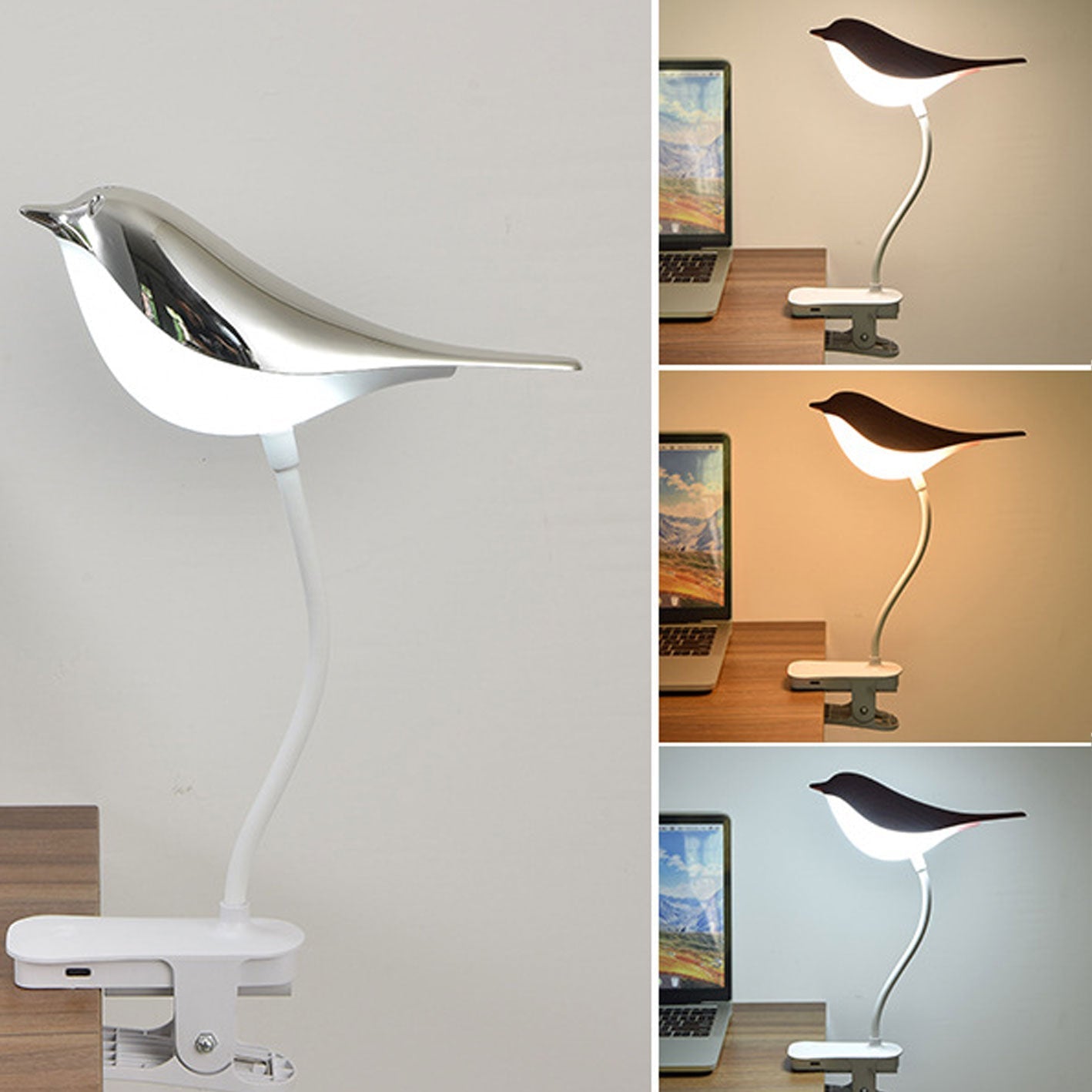 Nordic Bird Clip LED Night Light - USB Rechargeable Table Lamp