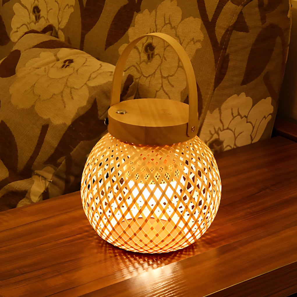 Premium Woven Bamboo Lantern Table Lamp with Handle