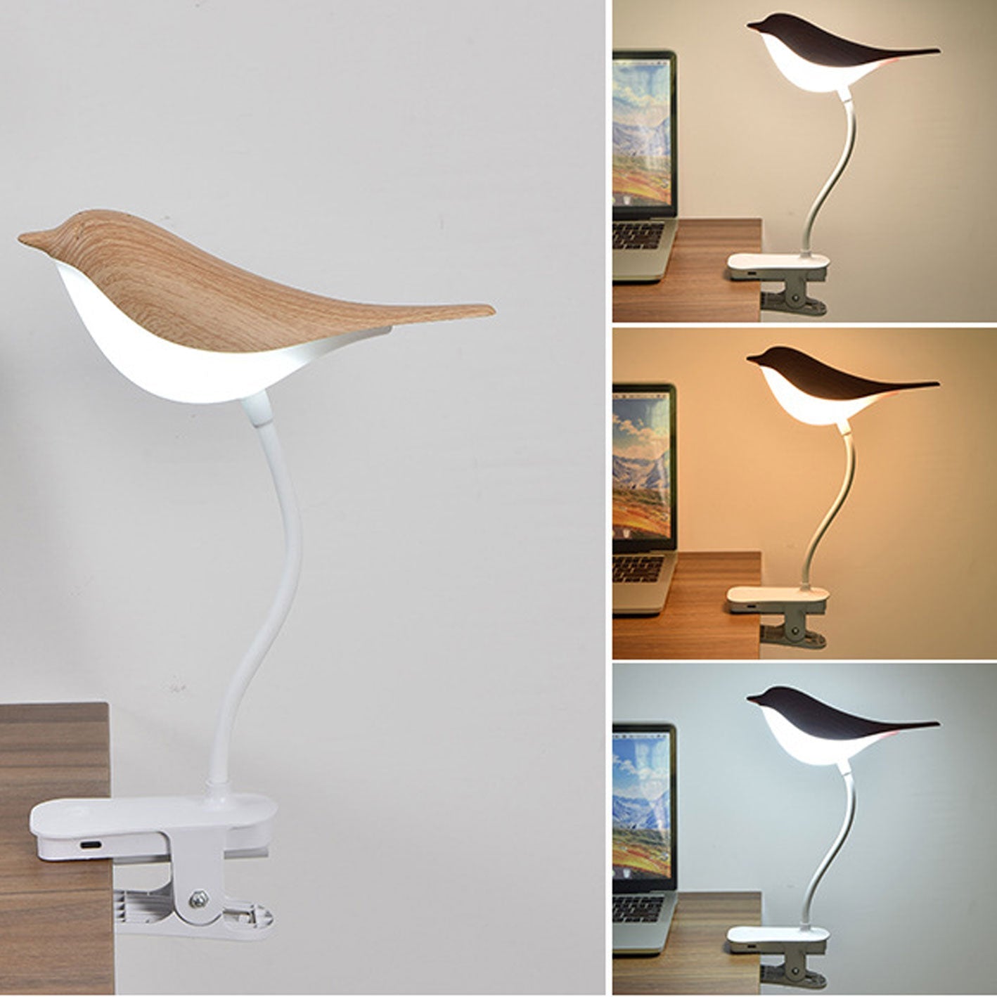 Nordic Bird Clip LED Night Light - USB Rechargeable Table Lamp