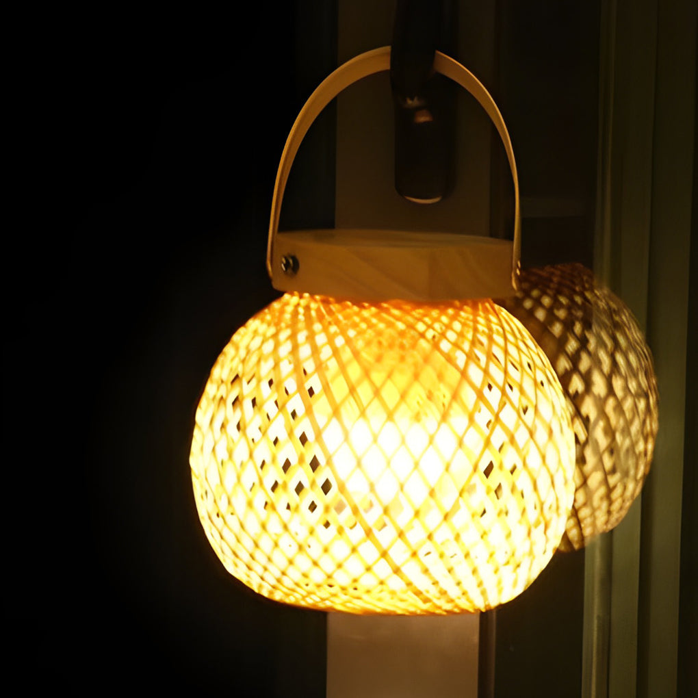 Premium Woven Bamboo Lantern Table Lamp with Handle