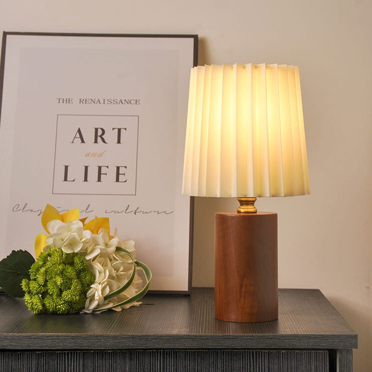 Vintage Korean Solid Wood Base Pleated Column Table Lamp - 1 Light