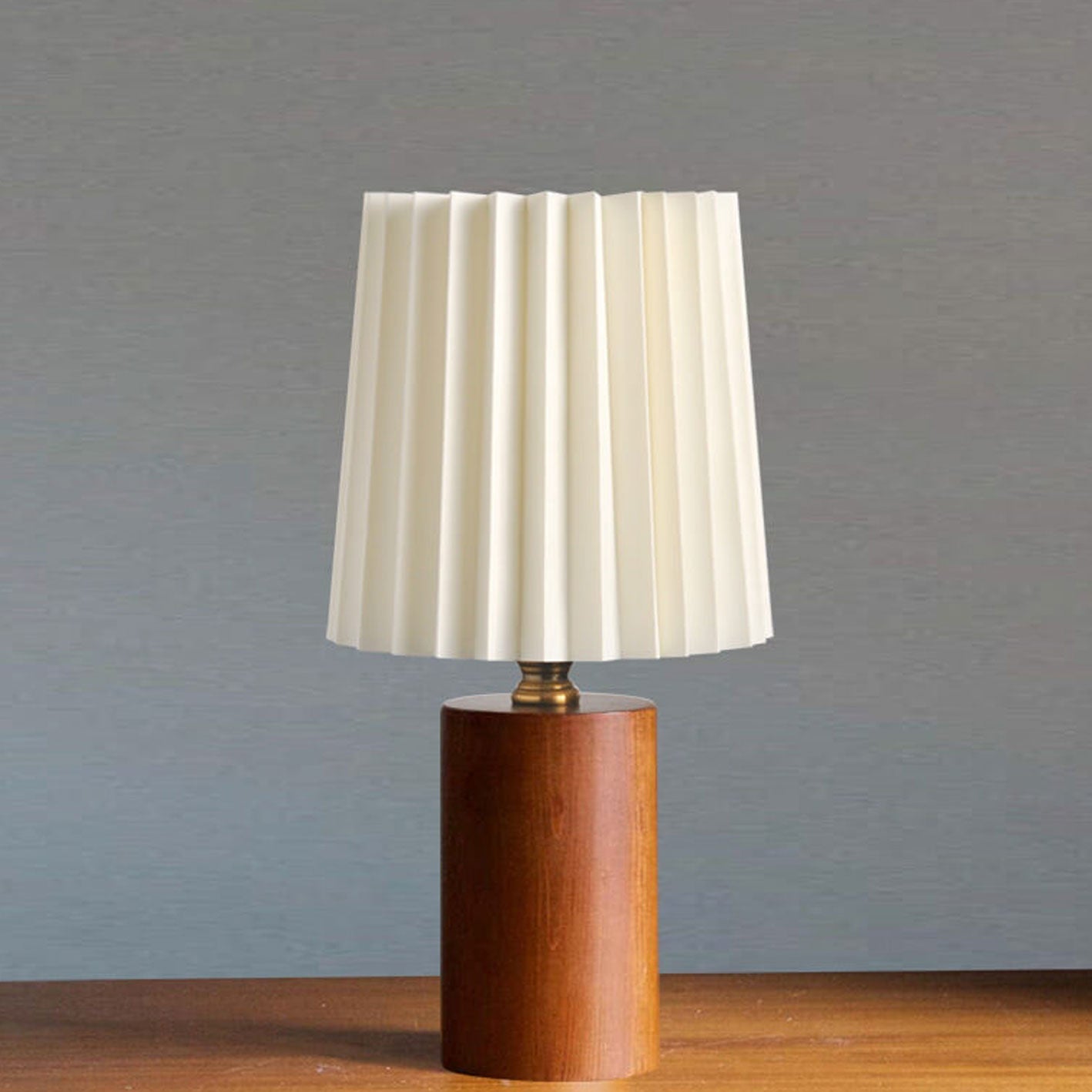 Vintage Korean Solid Wood Base Pleated Column Table Lamp - 1 Light