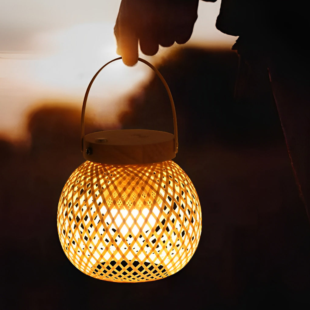 Premium Woven Bamboo Lantern Table Lamp with Handle