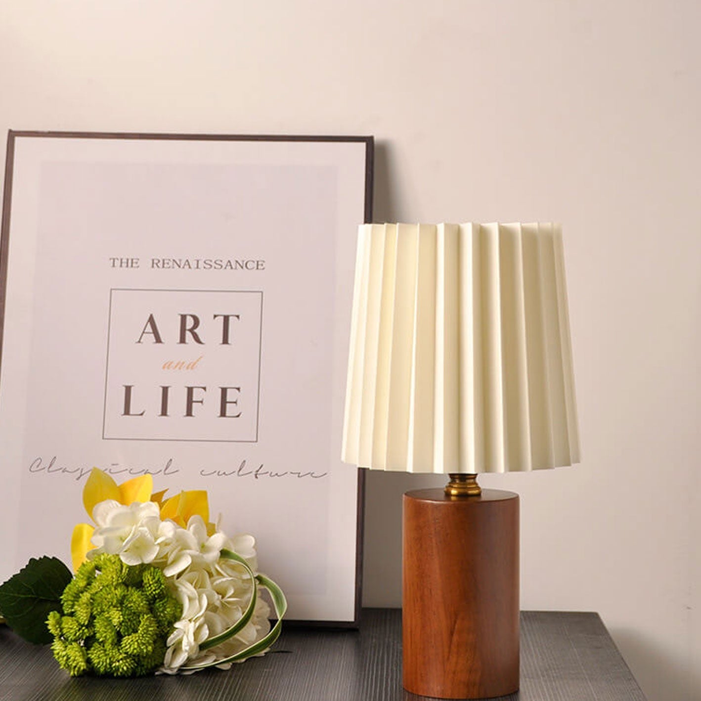 Vintage Korean Solid Wood Base Pleated Column Table Lamp - 1 Light
