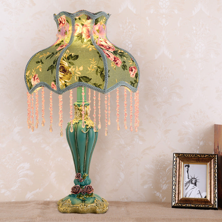 French Floral Round Fringe Table Lamp - 1-Light Resin Design for Bedroom