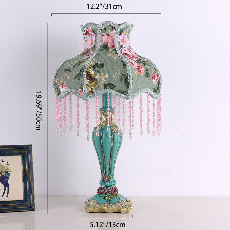 French Floral Round Fringe Table Lamp - 1-Light Resin Design for Bedroom