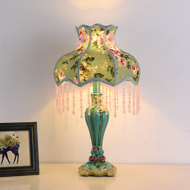 French Floral Round Fringe Table Lamp - 1-Light Resin Design for Bedroom