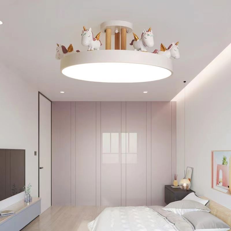 Modern Unicorn LED Semi-Flush Mount Ceiling Light - Resin, Iron, and Wood Design for Bedroom