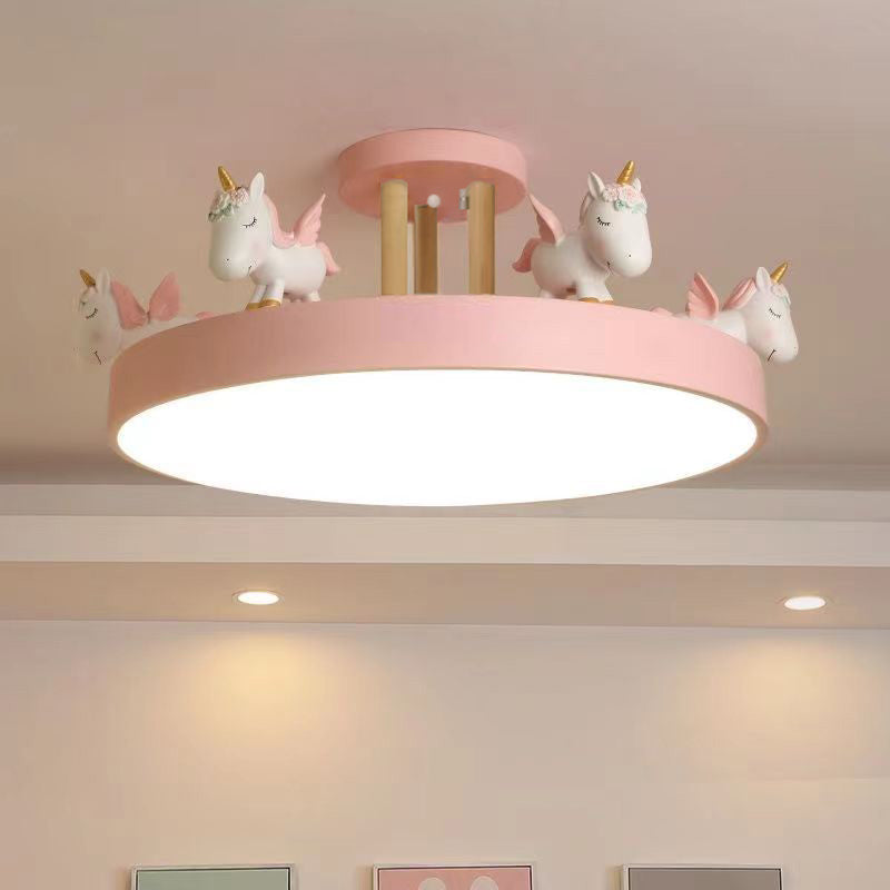 Modern Unicorn LED Semi-Flush Mount Ceiling Light - Resin, Iron, and Wood Design for Bedroom