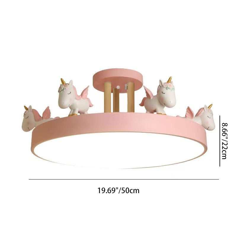 Modern Unicorn LED Semi-Flush Mount Ceiling Light - Resin, Iron, and Wood Design for Bedroom