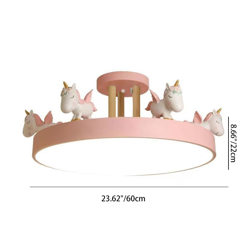 Modern Unicorn LED Semi-Flush Mount Ceiling Light - Resin, Iron, and Wood Design for Bedroom