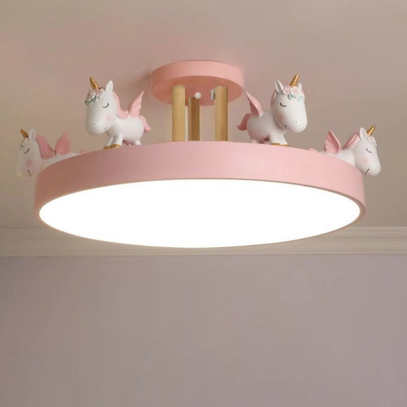Modern Unicorn LED Semi-Flush Mount Ceiling Light - Resin, Iron, and Wood Design for Bedroom
