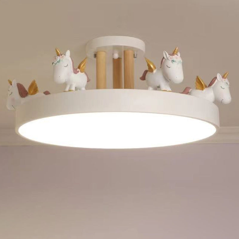 Modern Unicorn LED Semi-Flush Mount Ceiling Light - Resin, Iron, and Wood Design for Bedroom