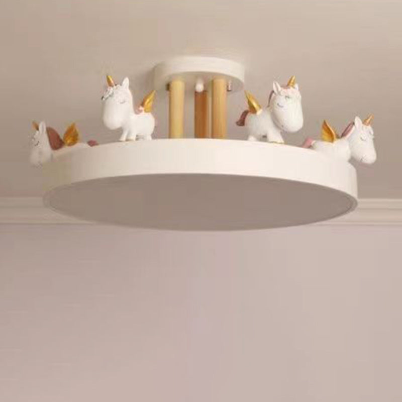 Modern Unicorn LED Semi-Flush Mount Ceiling Light - Resin, Iron, and Wood Design for Bedroom
