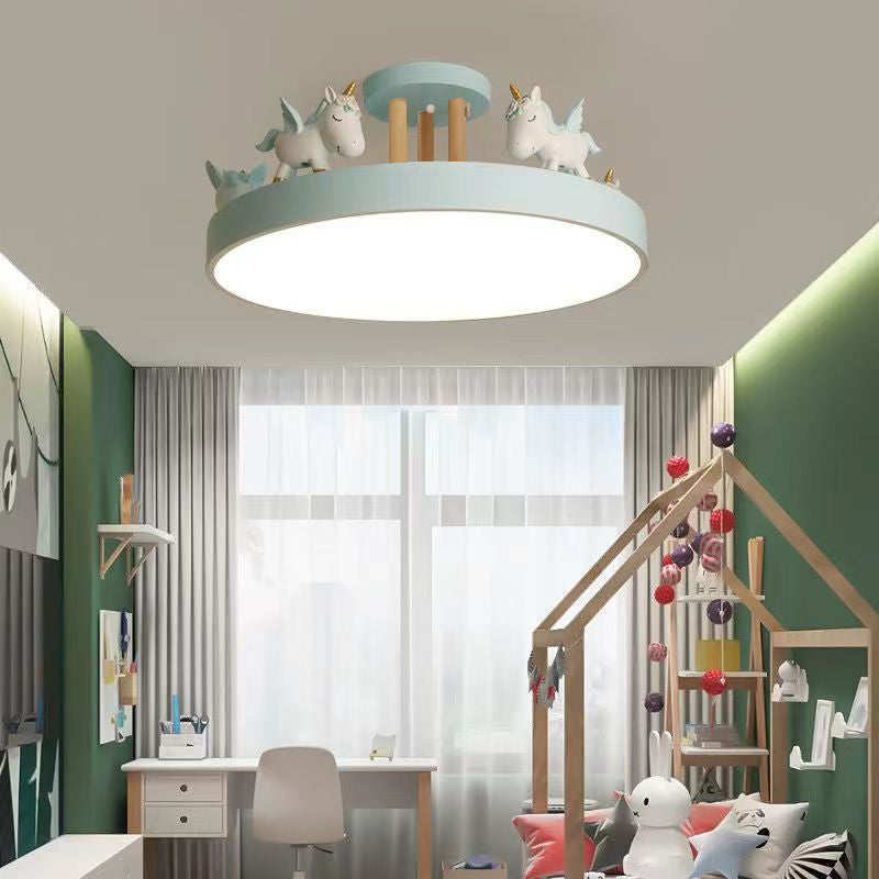 Modern Unicorn LED Semi-Flush Mount Ceiling Light - Resin, Iron, and Wood Design for Bedroom