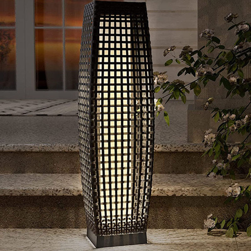 Art Deco Solar LED Outdoor Column Lamp - Faux Rattan Design