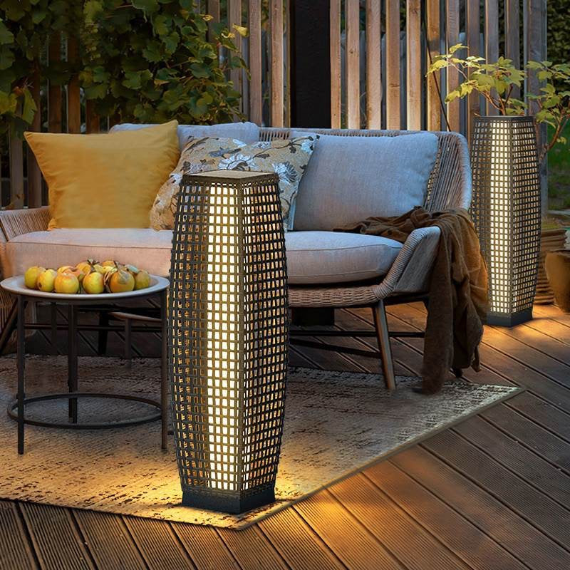 Art Deco Solar LED Outdoor Column Lamp - Faux Rattan Design