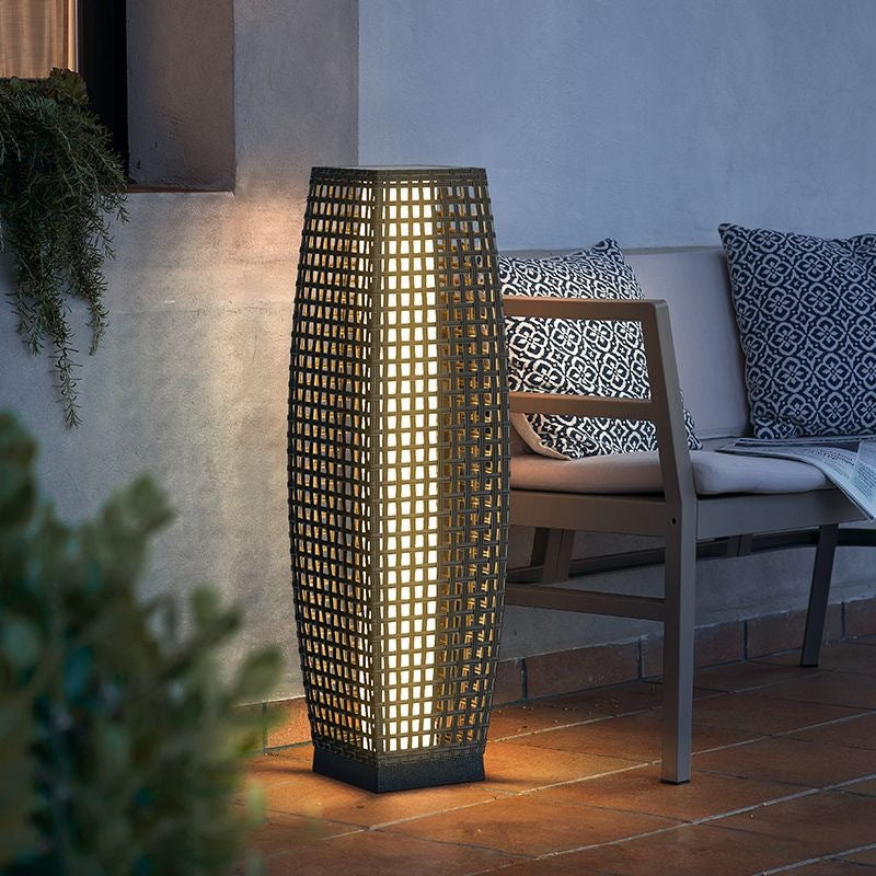 Art Deco Solar LED Outdoor Column Lamp - Faux Rattan Design