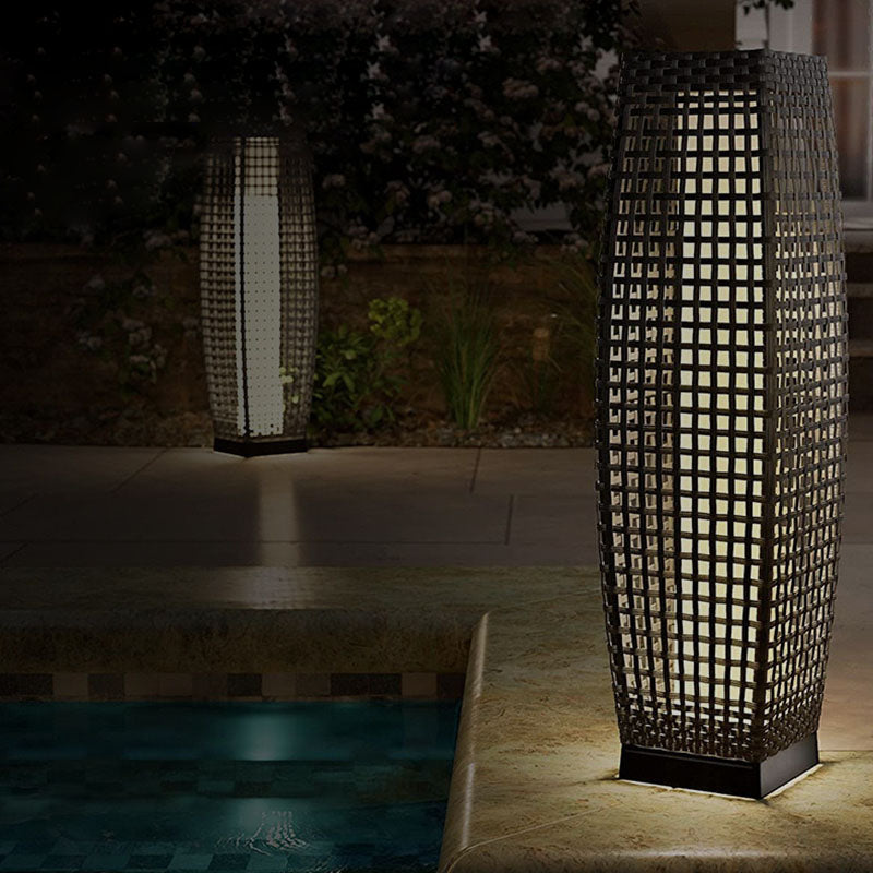 Art Deco Solar LED Outdoor Column Lamp - Faux Rattan Design