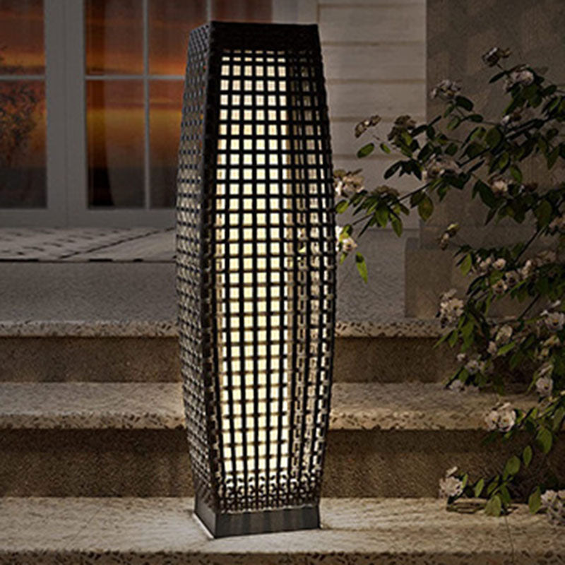Art Deco Solar LED Outdoor Column Lamp - Faux Rattan Design