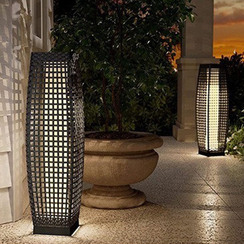 Art Deco Solar LED Outdoor Column Lamp - Faux Rattan Design