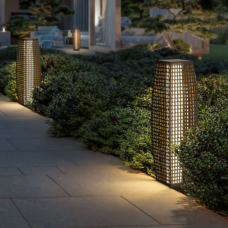 Art Deco Solar LED Outdoor Column Lamp - Faux Rattan Design