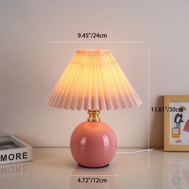 Art Deco Pleated Fabric Ceramic Table Lamp - 1-Light Orb Base for Bedroom