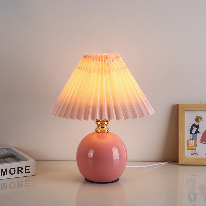 Art Deco Pleated Fabric Ceramic Table Lamp - 1-Light Orb Base for Bedroom