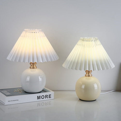 Art Deco Pleated Fabric Ceramic Table Lamp - 1-Light Orb Base for Bedroom